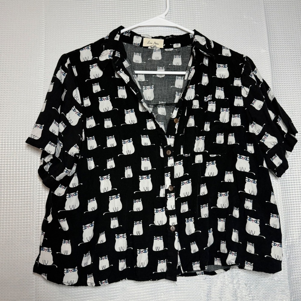 Love Notes Cat Print Rayon Short Sleeve Button Down Cropped Shirt Quirky Large